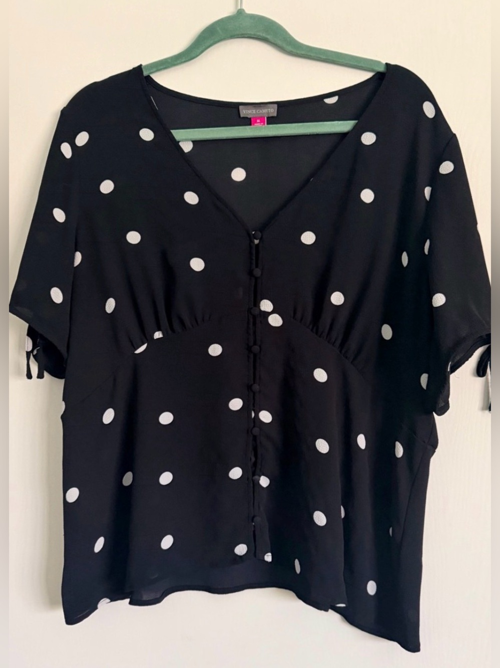 Vince Camuto XL Polka Dot Blouse Black White Button Front Tie Sleeve Top
